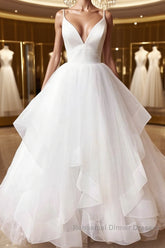 V Neck White Tulle Wedding Dresses, V Neck White Formal Semi Formal Prom Dresses Evening Dresses
